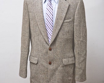 Vintage 80s Herringbone Tweed Sport Coat - Marine Blue Wool Blend