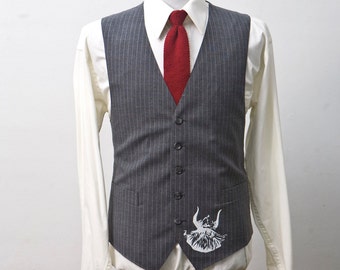 Men's Suit Vest / Vintage Pinstripe Waistcoat / Screen Printed Viking / Size 38 Small Medium