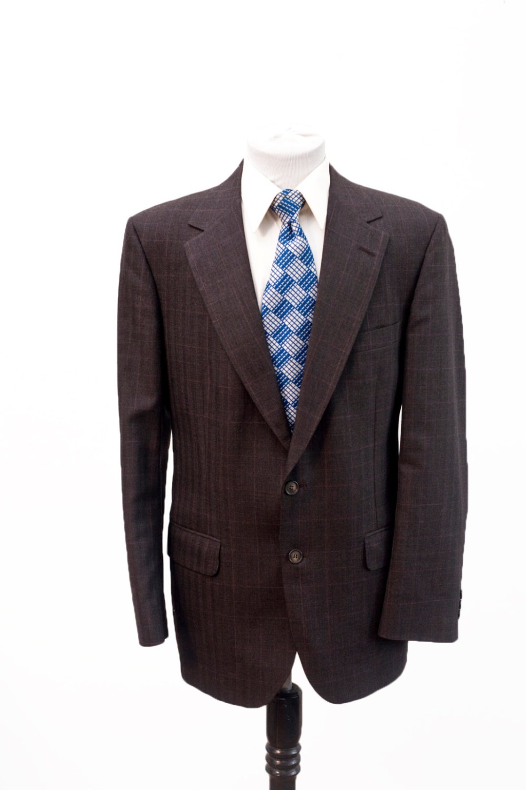 Men's Two-piece Suit / Vintage Charcoal Grey Windowpane Plaid Jacket ...