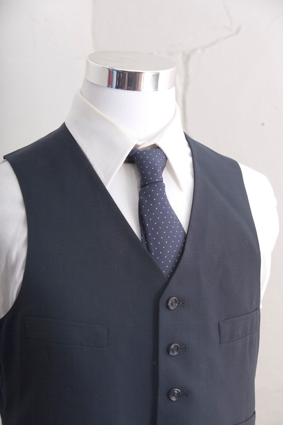 Men's Suit Vest Large /  Navy Blue Waistcoat / Si… - image 2