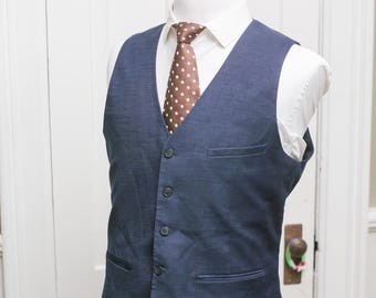 Men's Suit Vest Large / Vintage Dark Navy Blue Waistcoat / Size 44R E239