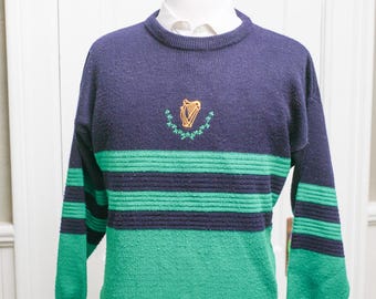 XL Vintage Navy and Kelly Green Irish Knit Sweater Glen Tara Wool E234