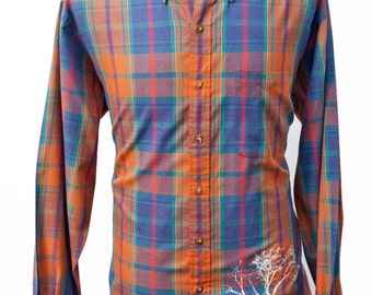 Men's Plaid Shirt / Upcycled Vintage with Screen Printed Tree / Size Large