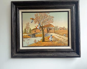Oil Painting by C. Carson Americana Wildlife Series Ducks and Birds COA Fall Scene Covered Bridge in Autumn
