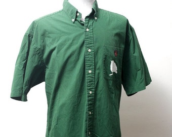 Men's Shirt / Upcycled Short Sleeve Shirt with Screen Printed Sparrow / Size Large