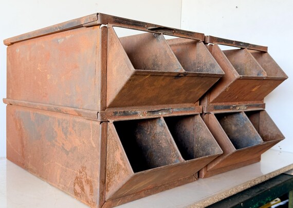 Vintage Rusty Industrial Metal Stackable Storage Bin