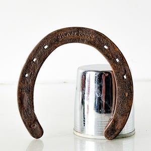 May include: A rusty brown horseshoe with the text "St. Croix Forge" arched across the top. The horseshoe is positioned in front of a shiny, silver metal object, likely a cup or container. The background is white.