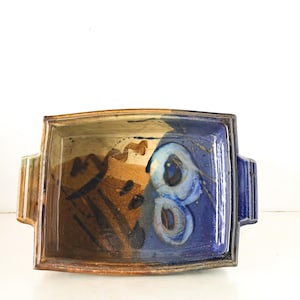 Mangum Pottery Art Studio Hand Thrown Pottery Signed 1989 North Carolina Abstract Blue and Earth Tones