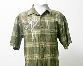 Men's Shirt / Preppy Plaid Summer Shirt / Upcycled with Screen Printed Tree / Size Medium