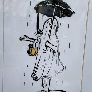 Handcarved Linoprint Wall Decor Ghost Goth Wall Decor Halloween Spooky Season Mid Century Kitsch Art Work Retro Wall Print Block Printing