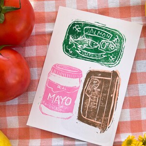 Handcarved Linoprint Food Wall Print Retro Quirky Wall Decor Kitchen Art Funky Pop Art Colorful Foodie Gift Mayo Sardine Salmon Butter Gifts