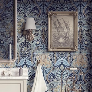 Papel pintado de damasco de pulpo: Mural victoriano de océano azul y beige