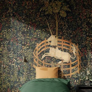 Unicorn in Captivity Wallpaper Mural – Medieval Tapestry Wall Art, Repeat Pattern, Custom Size Fantasy Wallpaper