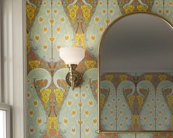 Golden Peacock Art Nouveau Wallpaper: Terracotta Floral Wall Mural