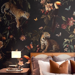 Exotic Jungle Wallpaper Mural | Dark Botanical Jaguar & Toucan - Removable or Vinyl image 1