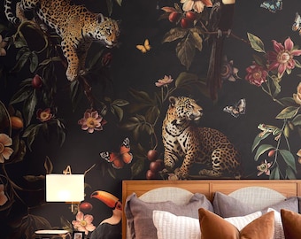Exotic Jungle Wallpaper Mural | Dark Botanical Jaguar & Toucan - Removable or Vinyl
