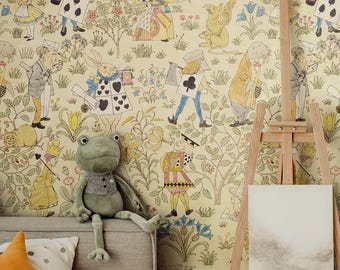 May include: A whimsical bedroom scene featuring an Alice in Wonderland themed wallpaper. A plush frog sits on a gray headboard next to a bed with a dotted comforter. An easel holds a blank canvas, and a star-shaped pillow adds a playful touch.