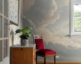Vintage Wolken Wandbild Tapete - Sanft gemalter Himmel Landschaftswandkunst, abnehmbar und Vinyl