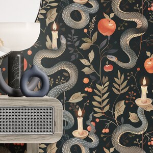 Mystical Snake Wallpaper – Dark Botanical Mural with Candles, Fruit & Foliage, Removable or Vinyl