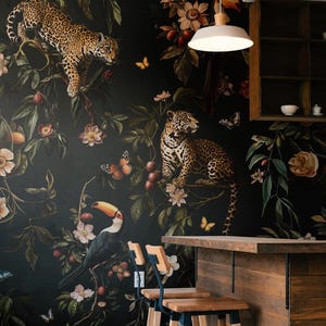 Exotic Jungle Wallpaper Mural | Dark Botanical Jaguar & Toucan - Removable or Vinyl