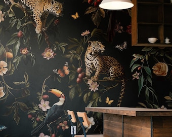 Exotic Jungle Wallpaper Wandbild | Dark Botanical Jaguar & Tukan - Abnehmbares oder Vinyl