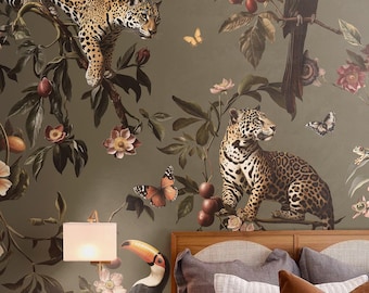 Exotic Jungle Wallpaper Wandbild | Salbeigrüner botanischer Jaguar & Toucan - Ablösbar oder Vinyl