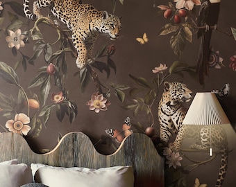 Exotic Jungle Wallpaper Wandbild | Dark Clove Botanischer Jaguar & Tukan - Abnehmbares oder Vinyl