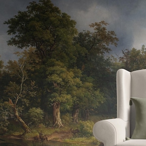 Vintage Woodland Landscape Mural - scenic wall art print wallpaper, dark landscape, removable peel and stick