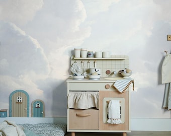 Vintage Wolken Wandbild Tapete - Blau gemalter Himmel Landschaftswandkunst, abnehmbar und Vinyl