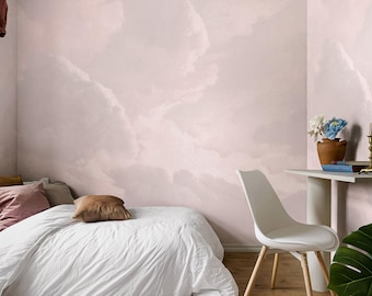 Vintage Wolken Wandbild Tapete - Zartrosa gemalter Himmel Landschaftswandkunst, abnehmbar und Vinyl