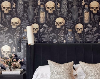Witchy Skull Wallpaper – Poisonous Blue - Vintage Dark Academia - Removable and Vinyl