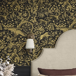 Dark Gold Phoenix and Forest Animals Botanical Wallpaper | Magical Deer, Leopard & Lion - Vintage Tapestry Peel and Stick
