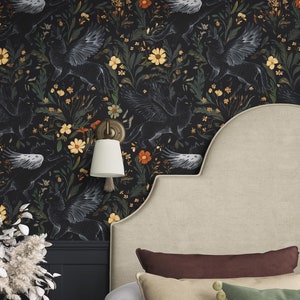 Dark Mythical Cats Botanicals Wallpaper - Mystic, Black Magic - Forest Green - Moody - secret garden, removable Peel & stick custom mural