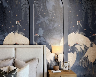 Crane Garden Embroidered Wallpaper Mural | Starfall Blue Night Sky Cranes | Chinoiserie (Removable and Vinyl)