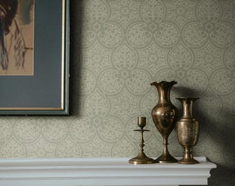 Barock Dekorative Textile Tapete | Sage Green Damask (Schälen und Aufkleben oder Vinyl)