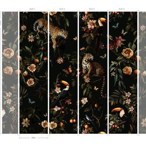 May include: Four wallpaper panels featuring a dark background with a repeating pattern of toucans, jaguars, and tropical flowers. The panels are 28 inches wide and 78 inches tall.