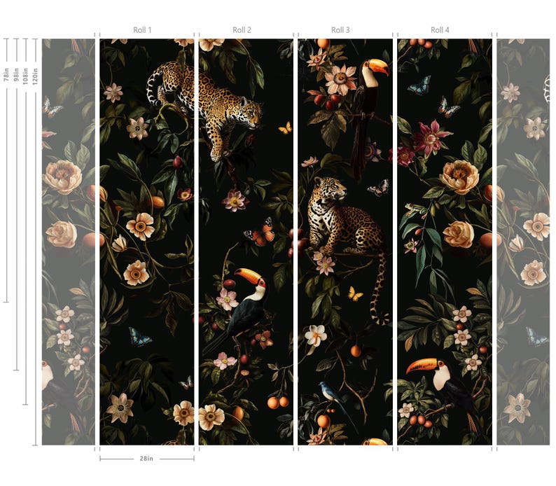 May include: Four wallpaper panels featuring a dark background with a repeating pattern of toucans, jaguars, and tropical flowers. The panels are 28 inches wide and 78 inches tall.