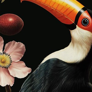 May include: A toucan with a large orange beak and black and white feathers. The toucan is looking to the right of the image. A pink flower and a red fruit are in the background.