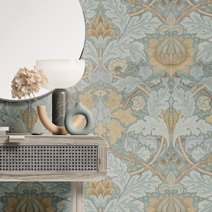 Antique Floral Damask Wallpaper – Light Blue & Gold Vintage Wall Mural – Elegant Floral Wallpaper – Removable or Traditional – Custom Size