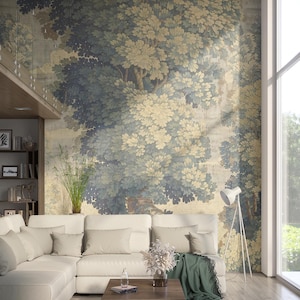 Antique Woodland Tapestry Mural – Lime Wash faded forest wall mural, vintage removable wallpaper or vinyl, custom scenic mural panel