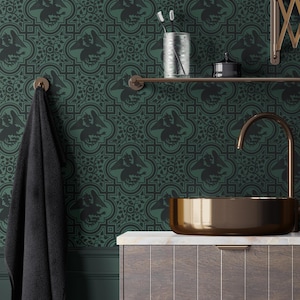 Victorian Mythical Dragon Wallpaper –  Removable and Vinyl Black Forest Gothic Medieval Wall Mural, Heraldic Creature Wall Decor