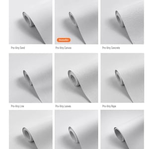 May include: A close-up of nine different types of wallpaper samples, each rolled up and displayed on a white background. The samples include sand, canvas, concrete, line, leaves, rope, fabric, eco-friendly, and repositionable.