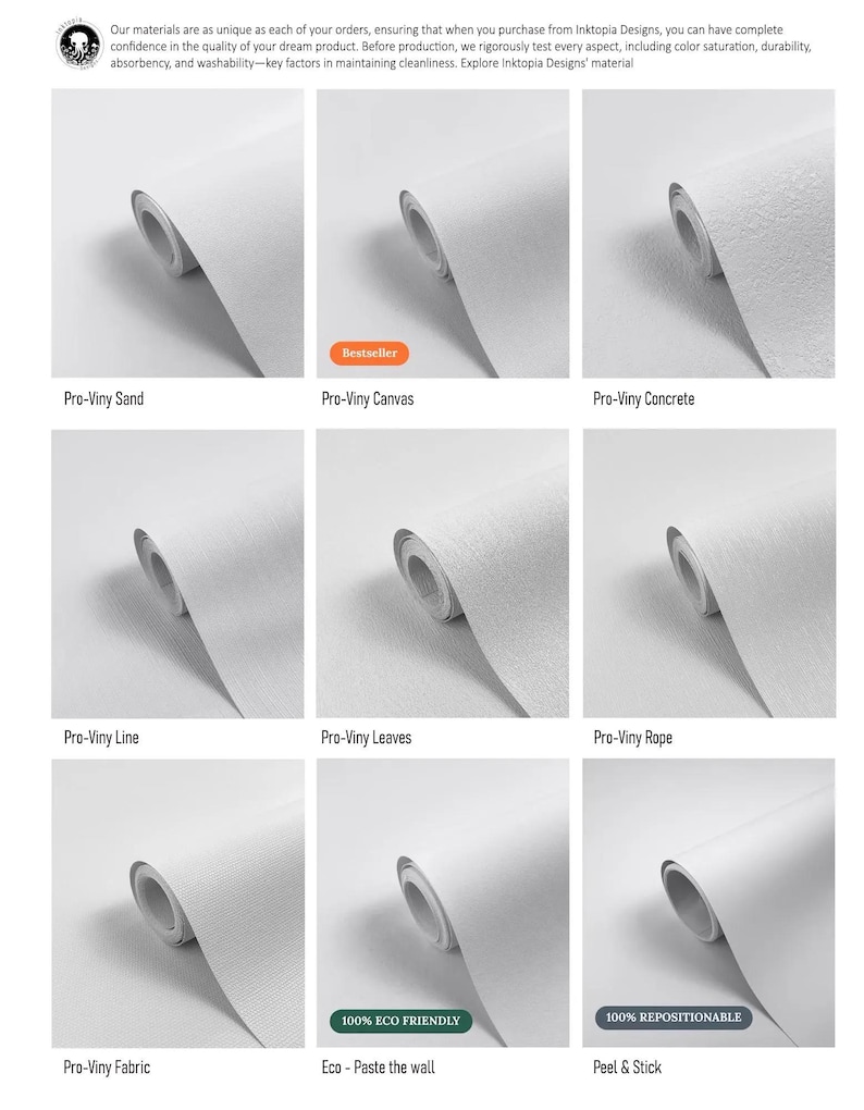 May include: A close-up of nine different types of wallpaper samples, each rolled up and displayed on a white background. The samples include sand, canvas, concrete, line, leaves, rope, fabric, eco-friendly, and repositionable.