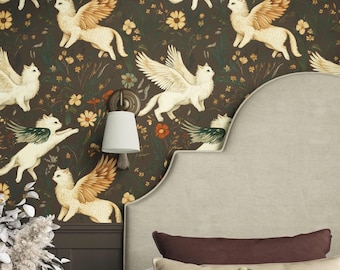 Mythical Cats Wallpaper: Dark Clove, Forest Green Secret Garden Wall Mural (Removable Peel and Stick or Vinyl)