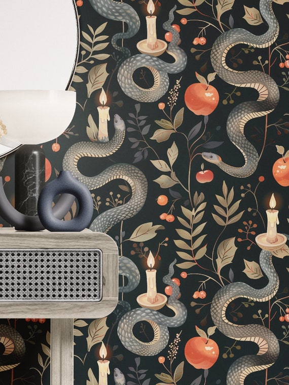 Mystical Snake Wallpaper – Dark Botanical Mural with Candles, Fruit & Foliage, Removable or Vinyl