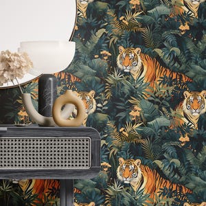 Tiger Jungle Wallpaper – Exotic Forest Mural with Tropical Leaves and Moody Botanical Feline Art, Custom Wall Decor