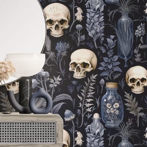 Witchy Skulls Wallpaper, Poisonous Blue, vintage, plants print, removable or vinyl wall murals