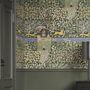 Medieval Castle Forest Wallpaper Mural – Forest Green – Vintage Tapestry with Deer & Dog - Peel and Stick or Traditional – Custom Size