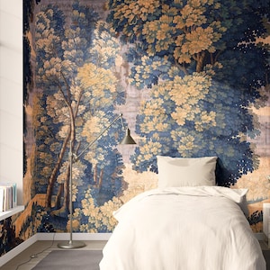 Antique Woodland Tapestry Mural – Vintage Blue scenic forest wallpaper mural, rich blue custom wall mural, removable or vinyl wallpaper