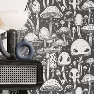 Alien Mushroom Forest Wallpaper – Whimsical Black and White Wall Mural with Trippy Fantasy Fungi, Removable or Vinyl